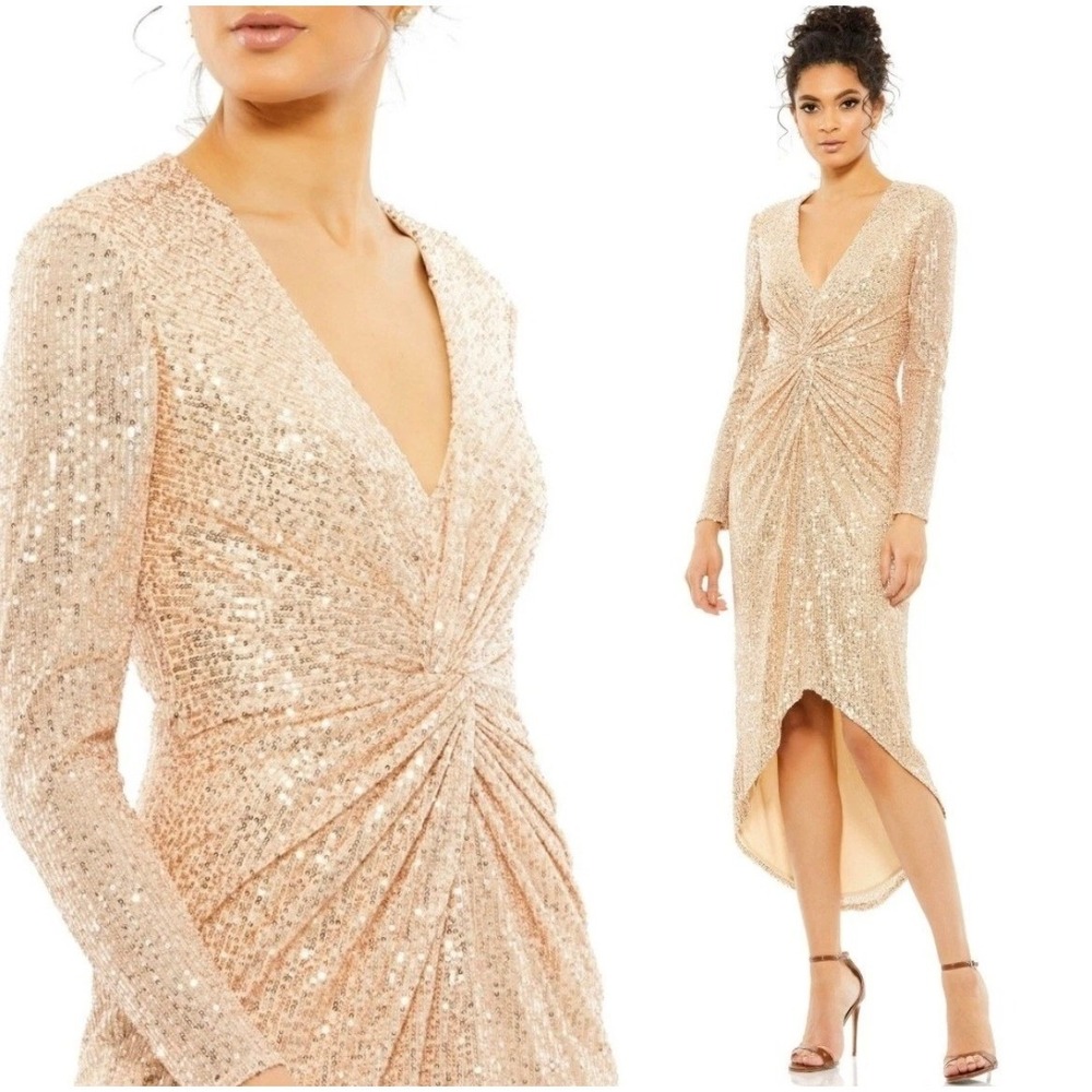 Ieena for Mac Duggal Rose Gold Sequin Twist Front High-Low Midi Dress 10 NEW